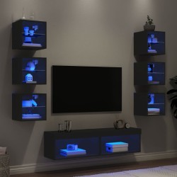 vidaXL Muebles de TV de pared con LED 8 pzas madera ingeniería negro