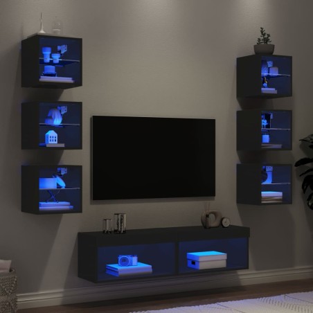 vidaXL Muebles de TV de pared con LED 8 pzas madera ingeniería negro
