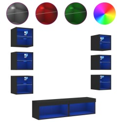 vidaXL Muebles de TV de pared con LED 8 pzas madera ingeniería negro