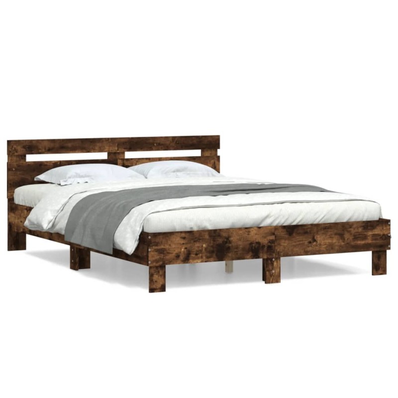 vidaXL Cama con cabecero madera de ingeniería roble ahumado 140x190 cm vidaXL Cama con cabecero madera de ingeniería roble ahumado 140x190 cm