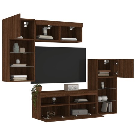 vidaXL Muebles TV pared con LED 5 pzas madera ingeniería marrón roble