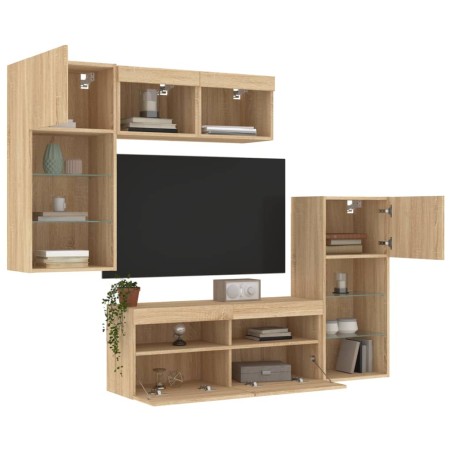 vidaXL Muebles TV pared con LED 5 pzas madera ingeniería roble Sonoma