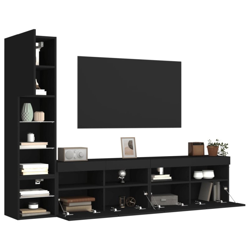 vidaXL Muebles de TV de pared con LED 4 pzas madera ingeniería negro vidaXL Muebles de TV de pared con LED 4 pzas madera ingeniería negro