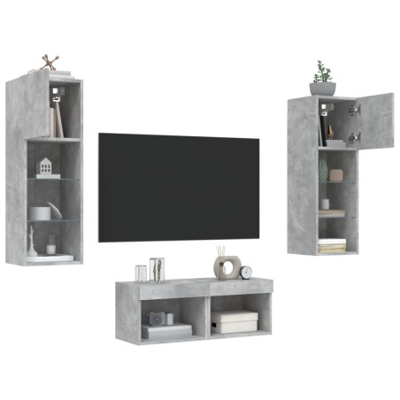 vidaXL Muebles de TV de pared con luces LED 4 piezas gris hormigón