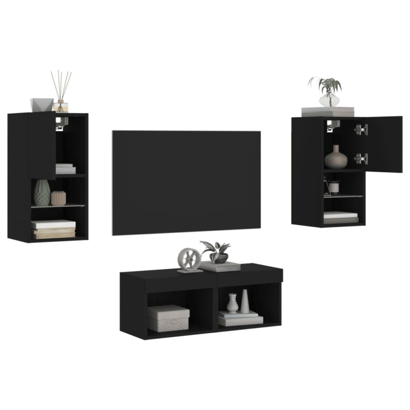 vidaXL Muebles de TV de pared con luces LED 4 piezas negro vidaXL Muebles de TV de pared con luces LED 4 piezas negro