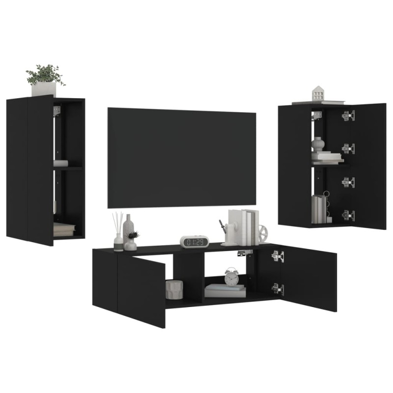 vidaXL Muebles de TV de pared con luces LED 3 piezas negro