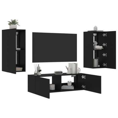 vidaXL Muebles de TV de pared con luces LED 3 piezas negro