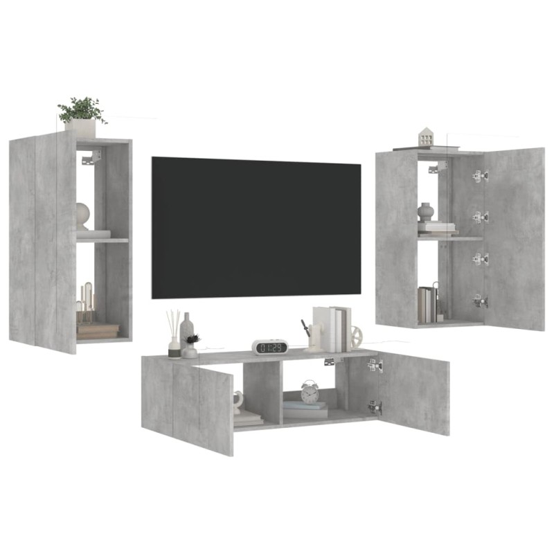 vidaXL Muebles de TV de pared con luces LED 3 piezas gris hormigón