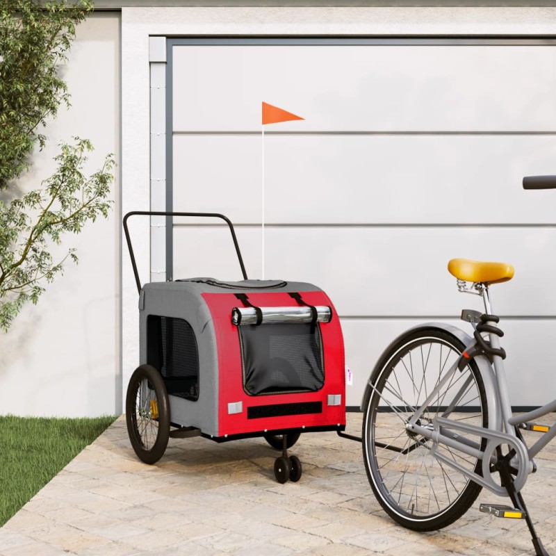 vidaXL Remolque de bicicleta mascotas hierro tela Oxford rojo gris vidaXL Remolque de bicicleta mascotas hierro tela Oxford rojo gris