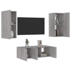vidaXL Muebles TV pared con LED 4 pzas madera ingeniería gris Sonoma