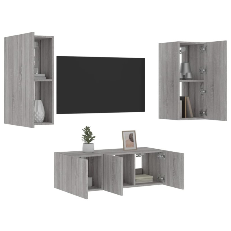 vidaXL Muebles TV pared con LED 4 pzas madera ingeniería gris Sonoma