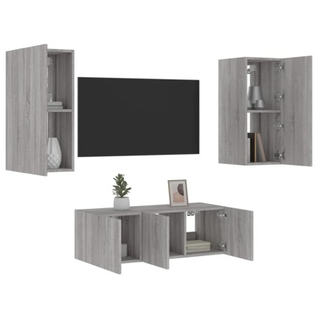 vidaXL Muebles TV pared con LED 4 pzas madera ingeniería gris Sonoma