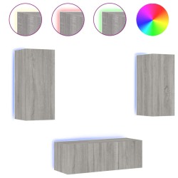 vidaXL Muebles TV pared con LED 4 pzas madera ingeniería gris Sonoma