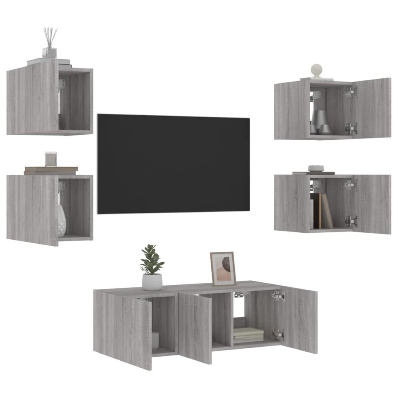 vidaXL Muebles TV pared con LED 6 pzas madera ingeniería gris Sonoma