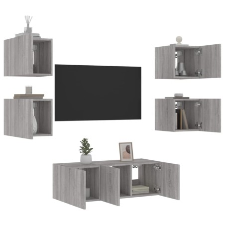 vidaXL Muebles TV pared con LED 6 pzas madera ingeniería gris Sonoma