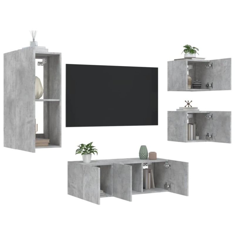 vidaXL Muebles TV pared con LED 5 pzas madera ingeniería gris hormigón