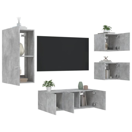 vidaXL Muebles TV pared con LED 5 pzas madera ingeniería gris hormigón