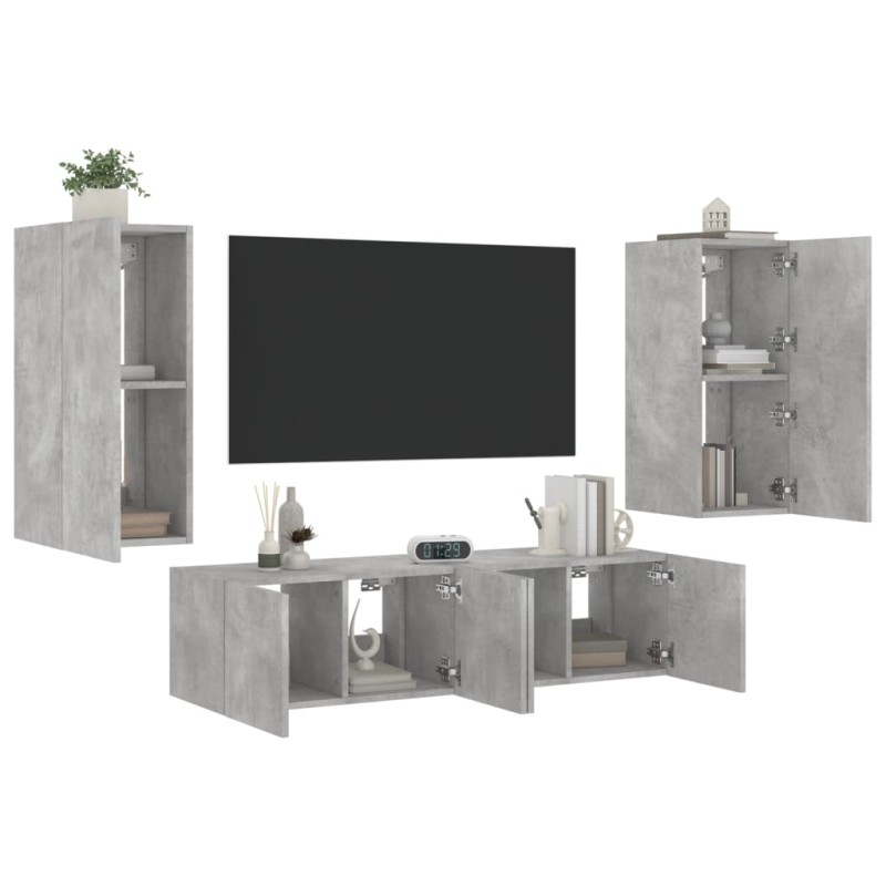 vidaXL Muebles TV pared con LED 4 pzas madera ingeniería gris hormigón