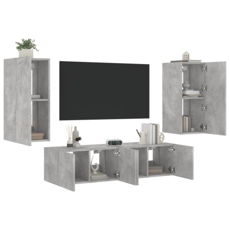 vidaXL Muebles TV pared con LED 4 pzas madera ingeniería gris hormigón