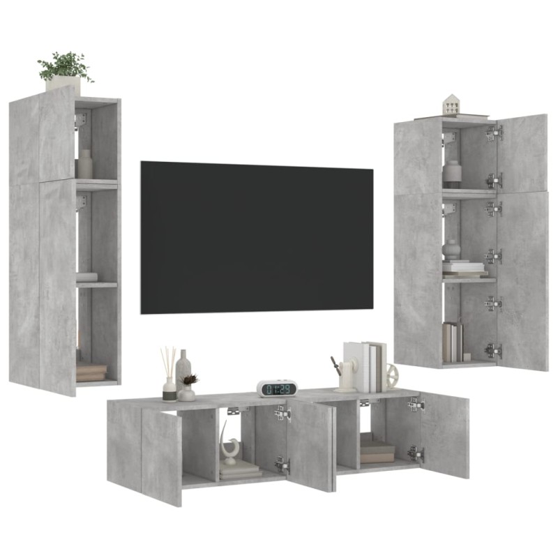 vidaXL Muebles TV pared con LED 6 pzas madera ingeniería gris hormigón vidaXL Muebles TV pared con LED 6 pzas madera ingeniería gris hormigón