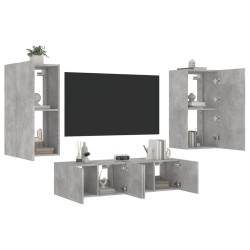 vidaXL Muebles TV pared con LED 4 pzas madera ingeniería gris hormigón