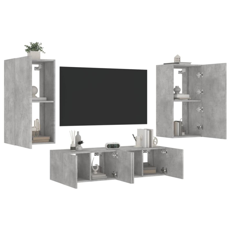 vidaXL Muebles TV pared con LED 4 pzas madera ingeniería gris hormigón