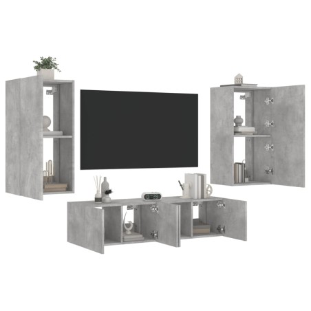 vidaXL Muebles TV pared con LED 4 pzas madera ingeniería gris hormigón