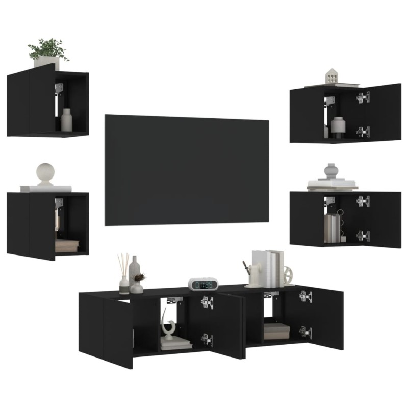 vidaXL Muebles de TV de pared con LED 6 pzas madera ingeniería negro