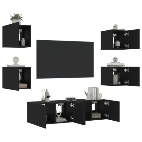 vidaXL Muebles de TV de pared con LED 6 pzas madera ingeniería negro