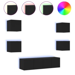 vidaXL Muebles de TV de pared con LED 6 pzas madera ingeniería negro