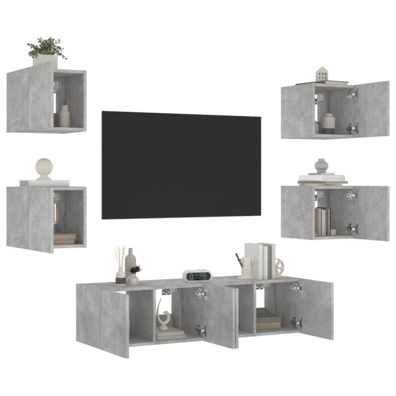vidaXL Muebles TV pared con LED 6 pzas madera ingeniería gris hormigón