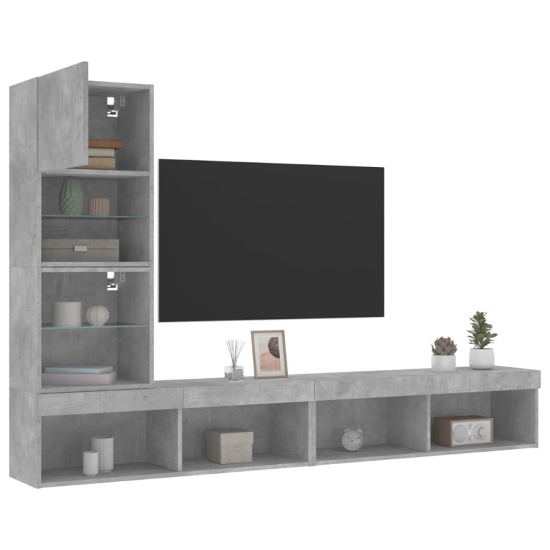 vidaXL Muebles TV pared con LED 4 pzas madera ingeniería gris hormigón vidaXL Muebles TV pared con LED 4 pzas madera ingeniería gris hormigón