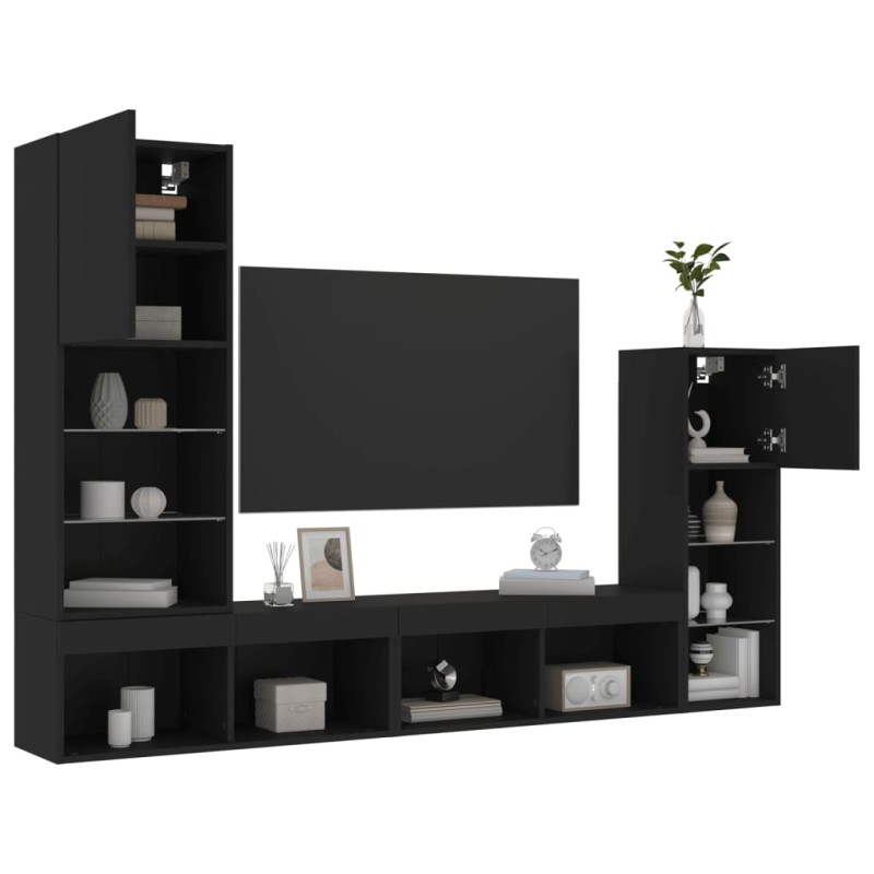 vidaXL Muebles de TV de pared con LED 4 pzas madera ingeniería negro vidaXL Muebles de TV de pared con LED 4 pzas madera ingeniería negro