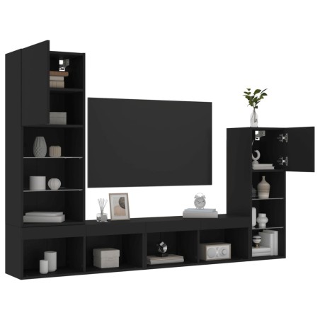 vidaXL Muebles de TV de pared con LED 4 pzas madera ingeniería negro