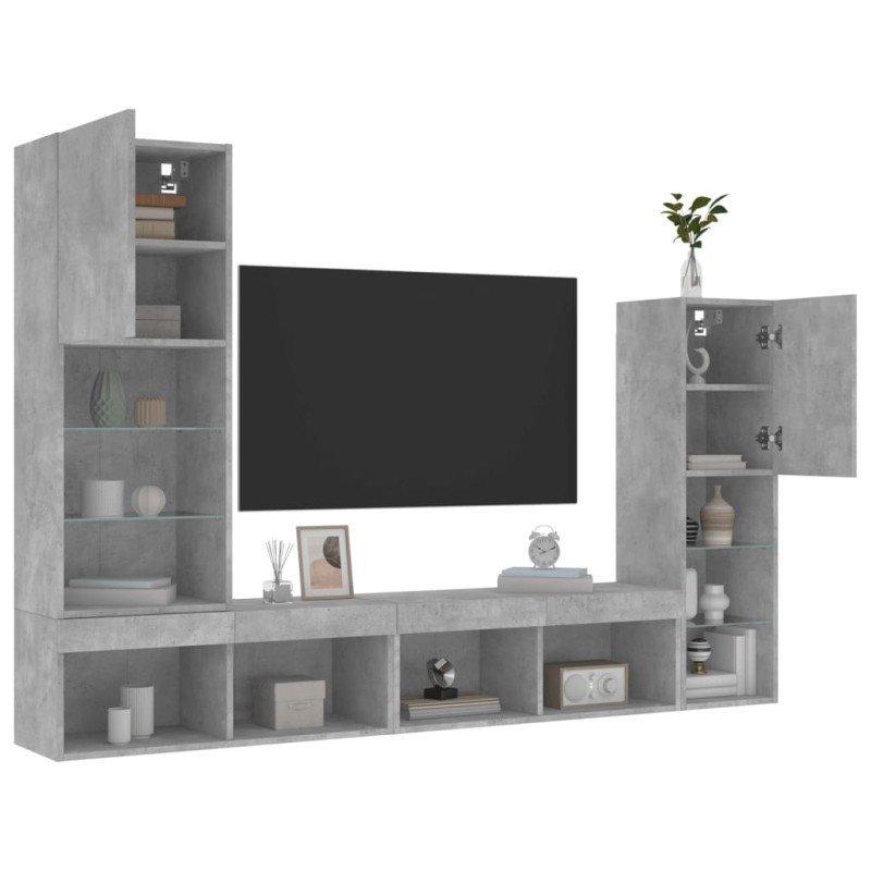 vidaXL Muebles TV pared con LED 4 pzas madera ingeniería gris hormigón