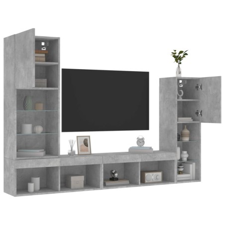 vidaXL Muebles TV pared con LED 4 pzas madera ingeniería gris hormigón