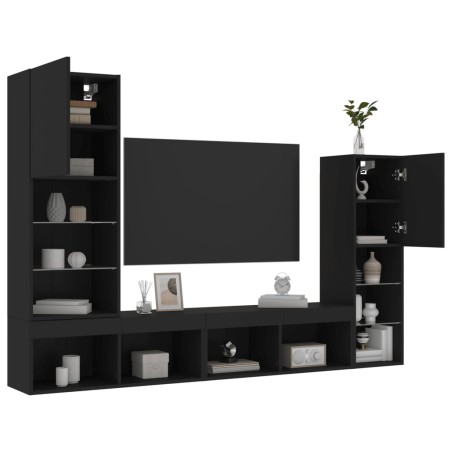 vidaXL Muebles de TV de pared con LED 4 pzas madera ingeniería negro