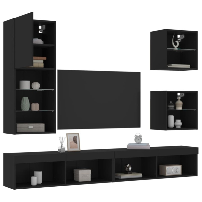 vidaXL Muebles de TV de pared con LED 5 pzas madera ingeniería negro