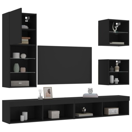 vidaXL Muebles de TV de pared con LED 5 pzas madera ingeniería negro