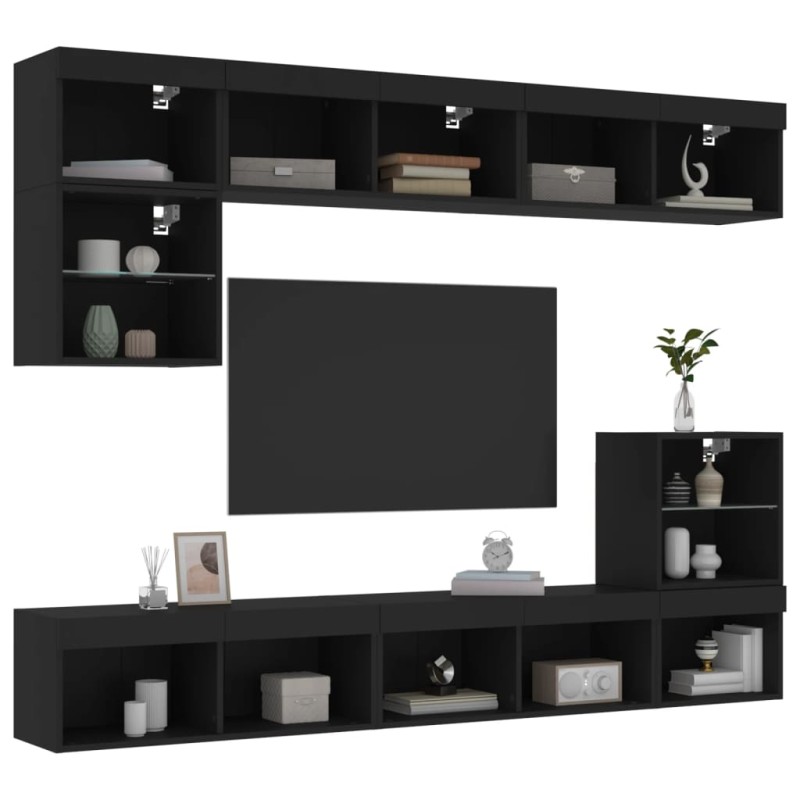 vidaXL Muebles de TV de pared con LED 8 pzas madera ingeniería negro