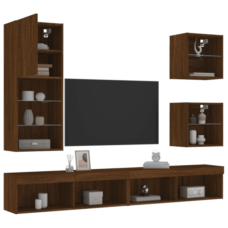 vidaXL Muebles TV pared con LED 5 pzas madera ingeniería marrón roble vidaXL Muebles TV pared con LED 5 pzas madera ingeniería marrón roble