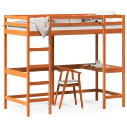 vidaXL Cama alta con escritorio madera maciza pino marrón 90x200 cm