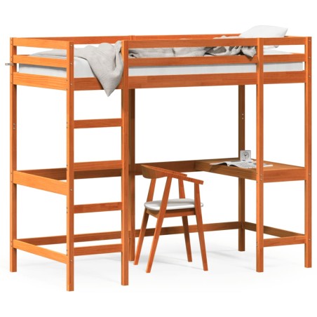 vidaXL Cama alta con escritorio madera maciza pino marrón 90x200 cm