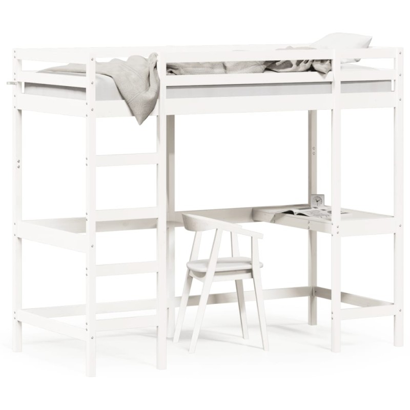 vidaXL Cama alta con escritorio madera maciza pino blanca 90x200 cm vidaXL Cama alta con escritorio madera maciza pino blanca 90x200 cm