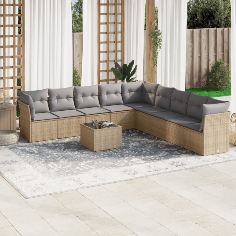 vidaXL Juego de sofás jardín con cojines beige 10 pzas ratán sintético
