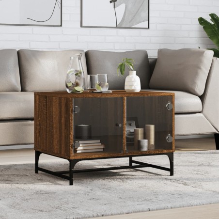 vidaXL Mesa de centro con puertas de vidrio marrón roble 68,5x50x50 cm