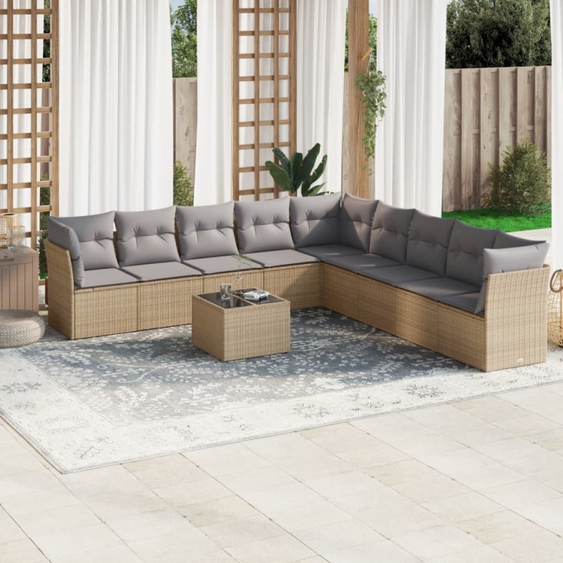 vidaXL Juego de sofás jardín con cojines beige 10 pzas ratán sintético