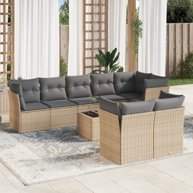 vidaXL Set de sofás de jardín 9 pzas con cojines ratán sintético beige vidaXL Set de sofás de jardín 9 pzas con cojines ratán sintético beige