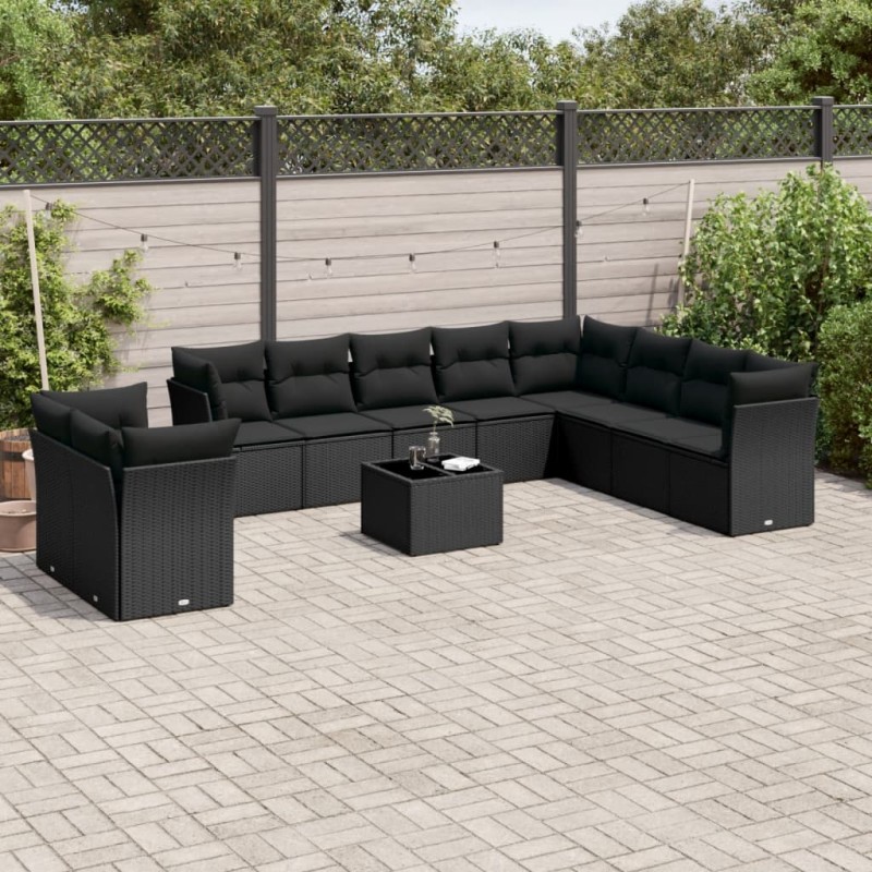 vidaXL Set de sofás de jardín 11 pzas y cojines ratán sintético negro vidaXL Set de sofás de jardín 11 pzas y cojines ratán sintético negro