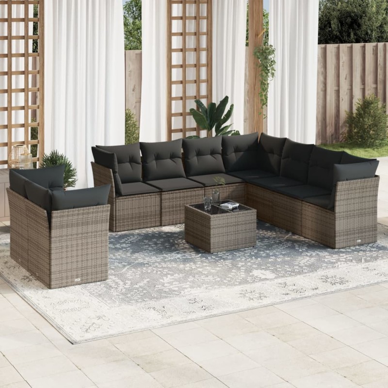 vidaXL Set de sofás de jardín 10 pzas con cojines ratán sintético gris vidaXL Set de sofás de jardín 10 pzas con cojines ratán sintético gris